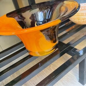 Vintage Mcm Hand Blown Amber/orange Studio Art Glass Vase Bowl